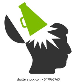 Open Brain Megaphone vector pictograph. Style is flat graphic bicolor symbol, eco green and gray colors, white background.