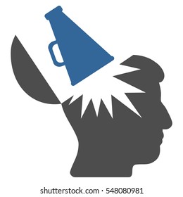 Open Brain Megaphone vector pictograph. Style is flat graphic bicolor symbol, cobalt and gray colors, white background.
