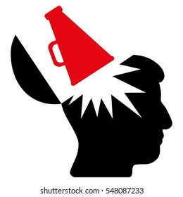 Open Brain Megaphone vector pictograph. Style is flat graphic bicolor symbol, intensive red and black colors, white background.