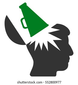 Open Brain Megaphone vector pictograph. Style is flat graphic bicolor symbol, green and gray colors, white background.