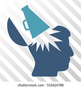 Open Brain Megaphone vector pictograph. Illustration style is flat iconic bicolor cyan and blue symbol on a hatch transparent background.