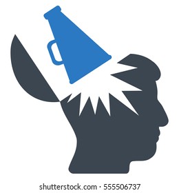 Open Brain Megaphone vector pictograph. Style is flat graphic bicolor symbol, smooth blue colors, white background.