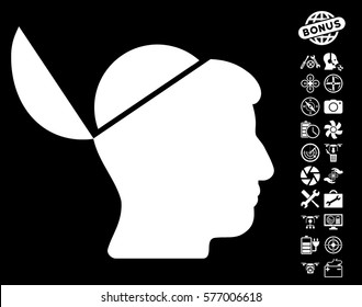 Open Brain pictograph with bonus aircopter service pictograms. Vector illustration style is flat iconic white symbols on black background.