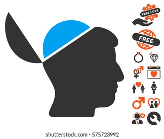 Open Brain pictograph with bonus romantic clip art. Vector illustration style is flat iconic elements for web design, app user interfaces.