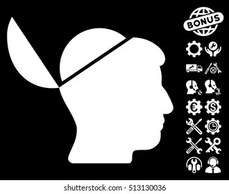Open Brain pictograph with bonus service design elements. Vector illustration style is flat iconic white symbols on black background.