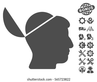 Open Brain pictograph with bonus service images. Vector illustration style is flat iconic gray symbols on white background.