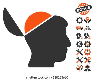 Open Brain pictograph with bonus setup tools symbols. Vector illustration style is flat iconic orange and gray symbols on white background.