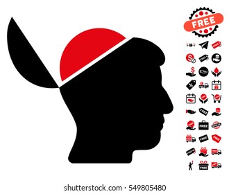 Open Brain pictograph with free bonus symbols. Vector illustration style is flat iconic symbols, intensive red and black colors, white background.