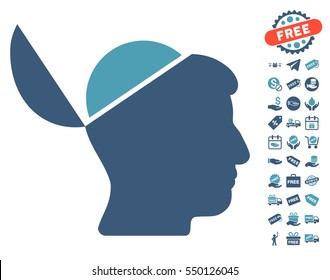 Open Brain pictograph with free bonus clip art. Vector illustration style is flat iconic symbols, cyan and blue colors, white background.