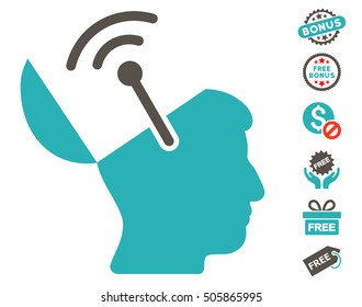 Open Brain Radio Interface icon with free bonus symbols. Vector illustration style is flat iconic symbols, grey and cyan colors, white background.