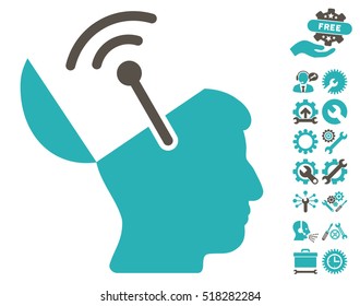 Open Brain Radio Interface icon with bonus options pictures. Vector illustration style is flat iconic grey and cyan symbols on white background.