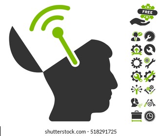 Open Brain Radio Interface icon with bonus settings images. Vector illustration style is flat iconic eco green and gray symbols on white background.