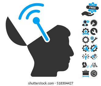 Open Brain Radio Interface icon with bonus setup tools design elements. Vector illustration style is flat iconic blue and gray symbols on white background.