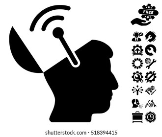 Open Brain Radio Interface icon with bonus service clip art. Vector illustration style is flat iconic black symbols on white background.
