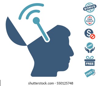 Open Brain Radio Interface icon with free bonus pictures. Vector illustration style is flat iconic symbols, cyan and blue colors, white background.