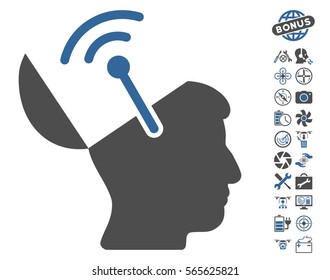 Open Brain Radio Interface icon with bonus airdrone service images. Vector illustration style is flat iconic cobalt and gray symbols on white background.