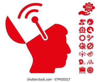 Open Brain Radio Interface icon with bonus tools symbols. Vector illustration style is flat iconic red symbols on white background.