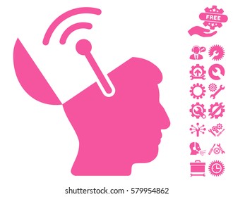 Open Brain Radio Interface icon with bonus tools images. Vector illustration style is flat iconic pink symbols on white background.