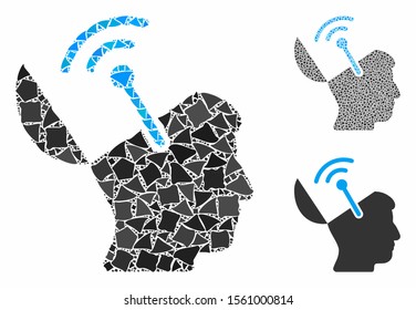 Open brain radio interface mosaic of bumpy items in different sizes and color tones, based on open brain radio interface icon. Vector raggy items are composed into mosaic.