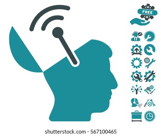 Open Brain Radio Interface pictograph with bonus settings clip art. Vector illustration style is flat iconic soft blue symbols on white background.