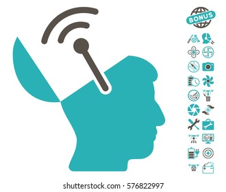Open Brain Radio Interface pictograph with bonus drone tools pictograms. Vector illustration style is flat iconic grey and cyan symbols on white background.