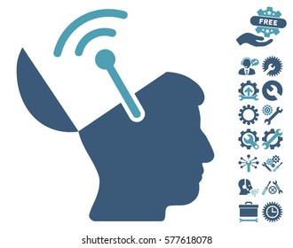 Open Brain Radio Interface pictograph with bonus service clip art. Vector illustration style is flat iconic cyan and blue symbols on white background.