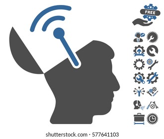 Open Brain Radio Interface pictograph with bonus settings icon set. Vector illustration style is flat iconic cobalt and gray symbols on white background.