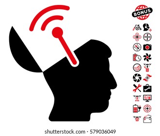 Open Brain Radio Interface pictograph with bonus uav tools pictograph collection. Vector illustration style is flat iconic intensive red and black symbols on white background.