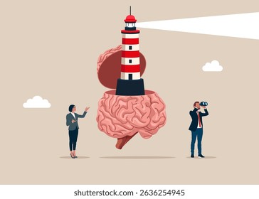 Open brain to see lighthouse. Business vision, competition, foresight, looking for career path. Vector illustration flat style. 