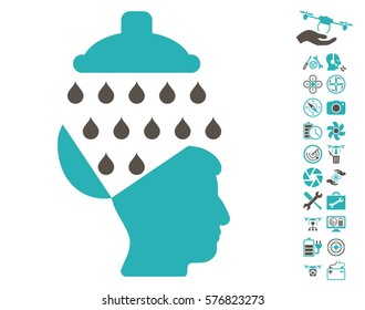 Open Brain Shower icon with bonus quad copter service images. Vector illustration style is flat iconic grey and cyan symbols on white background.