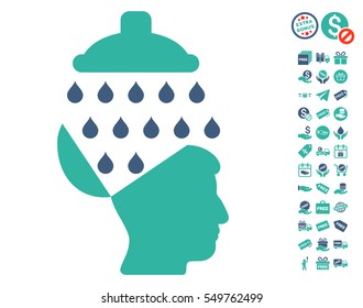 Open Brain Shower icon with free bonus design elements. Vector illustration style is flat iconic symbols, cobalt and cyan colors, white background.