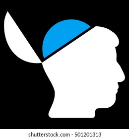 Open Brain vector pictogram. Style is flat graphic bicolor symbol, blue and white colors, black background.
