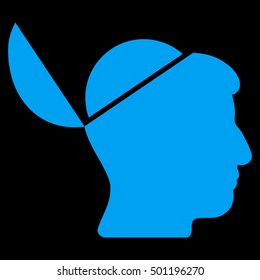 Open Brain vector pictograph. Style is flat graphic symbol, blue color, black background.