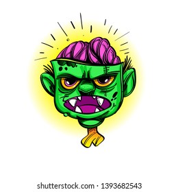 Open brain zombie head on a white background. Cartoon style.