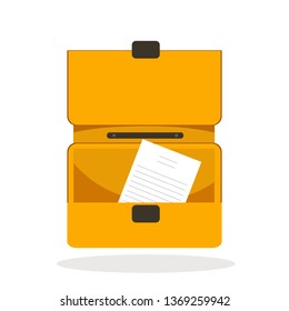 Open briefcase icon with document inside. Isolated vector illustration