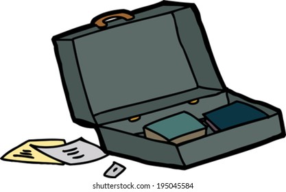 Open briefcase with papers and books on white background