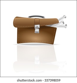 open briefcase sticking rolls of paper drawings, vector icon, portfolio business