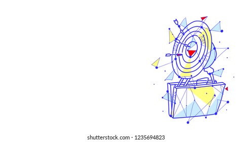 Open briefcase target successful goal business strategy concept sketch doodle horizontal isolated flat