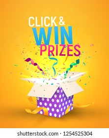 Open brigh textured box with confetti explosion inside and Click and win prizes text. Flying particles from giftbox vector illustration on yellow background