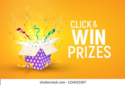 Open brigh textured box with confetti explosion inside and Click and win prizes text. Flying particles from giftbox vector illustration on yellow background