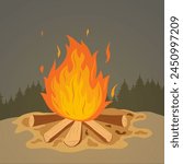 An open bright bonfire in an open area. A firewood flame, a burning campfire or bonfire. Wood fire. EPS 10.