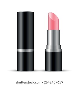 Open bright pink lipstick in black tube with cap, realistic vector cosmetic mockup
