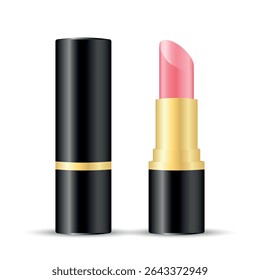 Abre batom rosa brilhante em tubo preto e dourado, maquete cosmética vetor realista para a embalagem