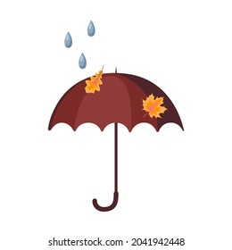 Open bright umbrella in autumn, raindrops, falling leaves of oak and maple. Autumn rainy day. Colorful vector illustration on white background