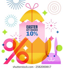 Open or broken Easter egg with discount coupon. Sale promotion banner poster, gift voucher, greeting card design template. Vector geometric colorful flat illustration