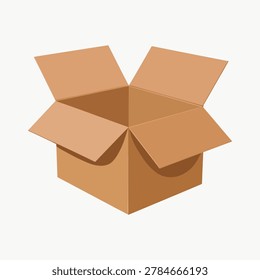 Open brown cardboard box with flaps extended on a light background empty vector illustration