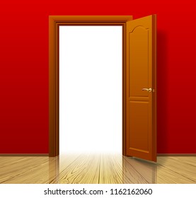 Open brown door with red wall and glossy wood floor. Interior concept design. Vector illustration