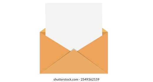 Abra o envelope marrom com um cartão branco em branco dentro. Estilo plano minimalista isolado em fundo branco.