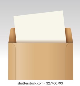 Open brown envelope with paper isolated on background. Vector illustration