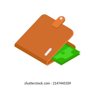 Open brown leather wallet with cash money dollar minimalist 3d icon isometric vector illustration. Account commercial accessory for currency carrying comfortable storage. Financial banking business